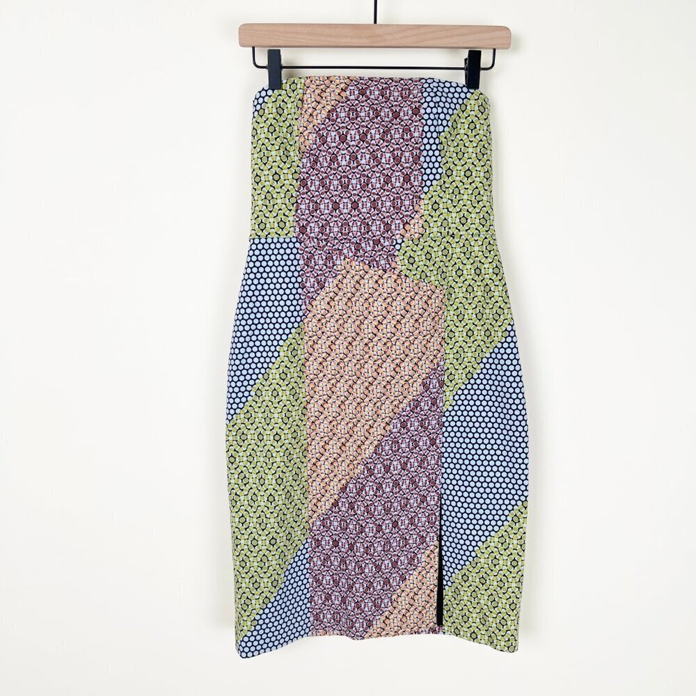 Kate Spade Patchwork Print Mini Midi Dress Cocktail Slit Strapless Wedding Guest